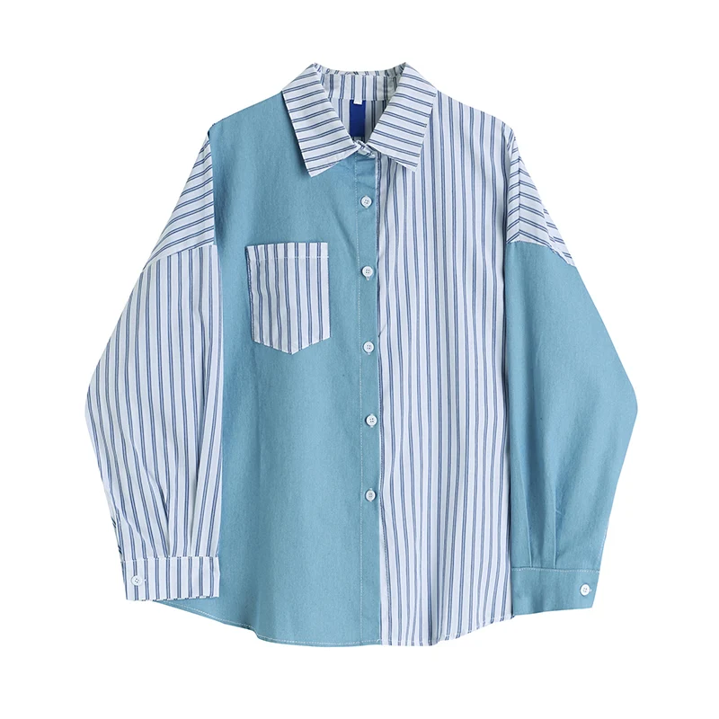 

SuperAen 2022 Spring New Blue Turn Down Collar Striped Shirt Splicing Loose Slim Casual Women Tops