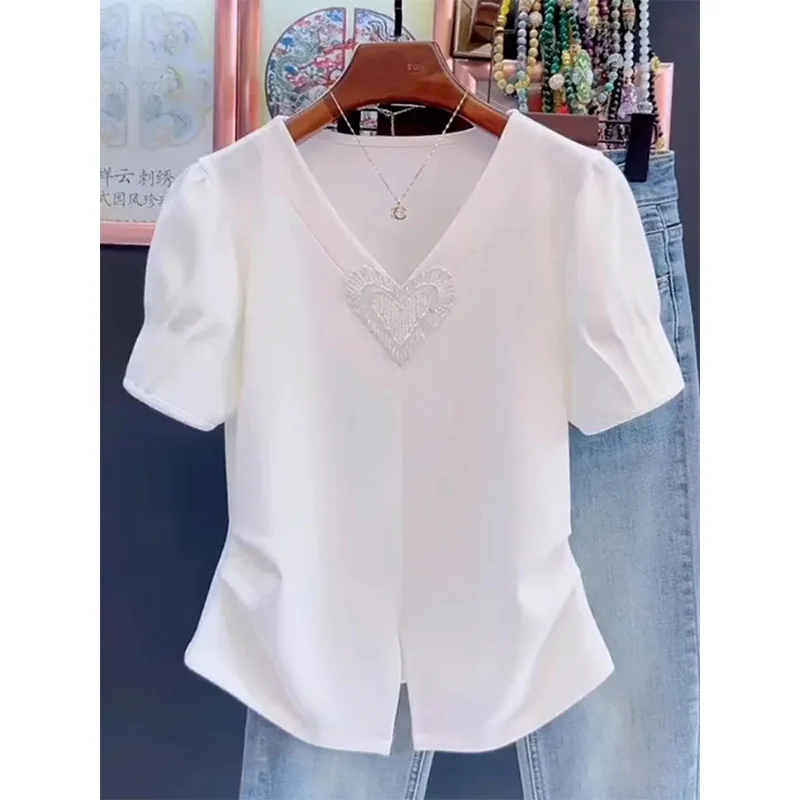 Plus size Split Hem Love Pure Cotton V-neck Short sleeve T-shirt 2024 Summer New Design Sense Puff sleeve Top