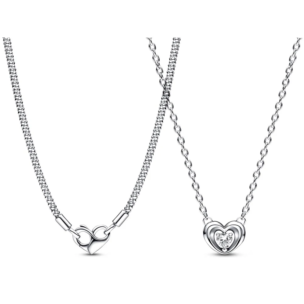 

New 925 Sterling Silver pan Moments Studded Chain Necklace Radiant Heart & Floating Stone Pendant Collier Necklace