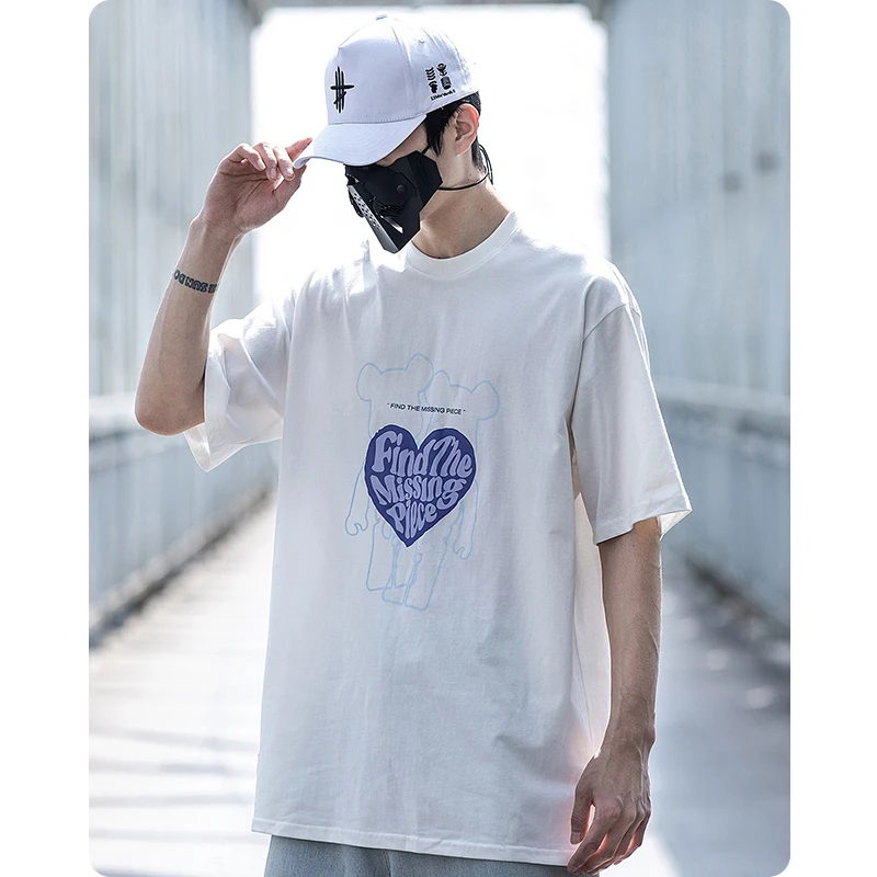 

Летняя универсальная хлопковая футболка с коротким рукавом и принтом медведя и сердца, уличная одежда унисекс в стиле Харадзюку, хип-хоп, Му...