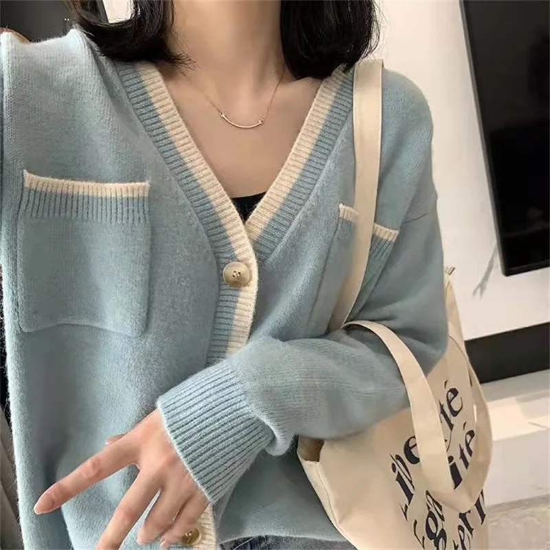 

Autumn New Sweater Korean Edition Contrast Panel Single breasted Knitted Cardigan Casual Soft Glutinous Top