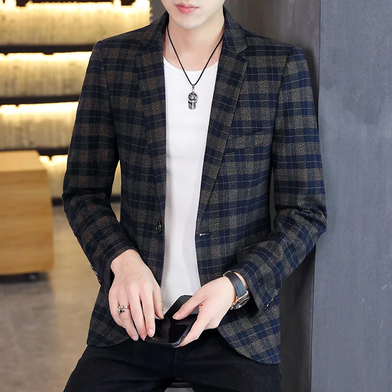 

HOO 2022 Slim Fit Men's Plaid blazer Youth Autumn New Casual blazers
