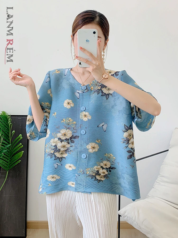 

Женская плиссированная рубашка LANMREM, с цветочным принтом, с рукавом до локтя, однобортная, 2023, летняя, свободная, элегантная одежда, 2R5682