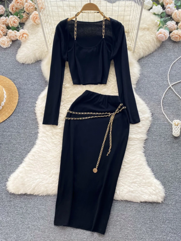 

New Women Black Two Piece Sets Spring Summer Halter Long Sleeve T-Shirt Crop Top + High Waist Mid Length Slim Wrap Skirt Suits