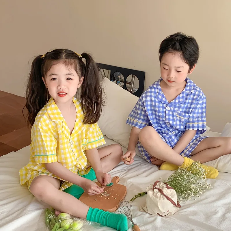 

2022 New Children Summer Clothing Set Baby Boys Girls Short Sleeve T Shirt + Shorts 2pcs Suit Kids Cotton Plaid Clothes Set