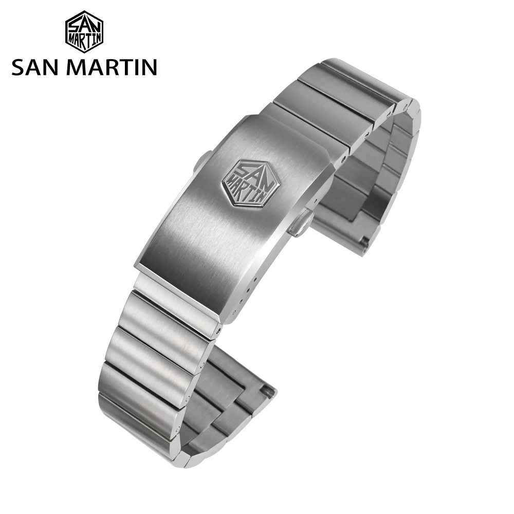 San Martin Bracelet High Quality 316L Solid Stainless Steel Watch Parts Two Links Flat Ends 20mm Brushed Clasp Universal Strap
