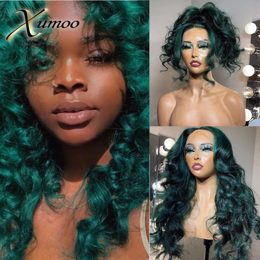 XUMOO Dark Green 13x4 Lace Front Human Hair Wigs Transparent Lace Body Wave For Women Brazilian Remy Human Hair Gluelss Wigs