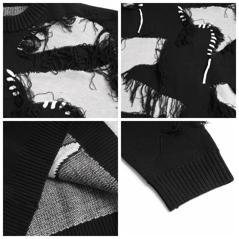 Harajuku Irregular Destroyed Edge Tassels Knitted Pullovers Vintage Unisex Slouchy Patch Patchwork Jacquard Baggy Sweater Casual