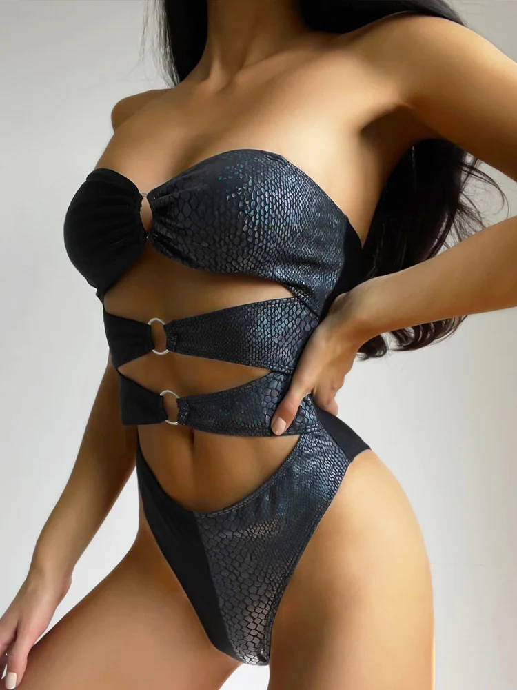 

Strapless O-Ring Cut Out Bandeau One Piece Swimsuit Women Summer Thong Bikini Bathing Suits High Waist Punk Grunge Clothes