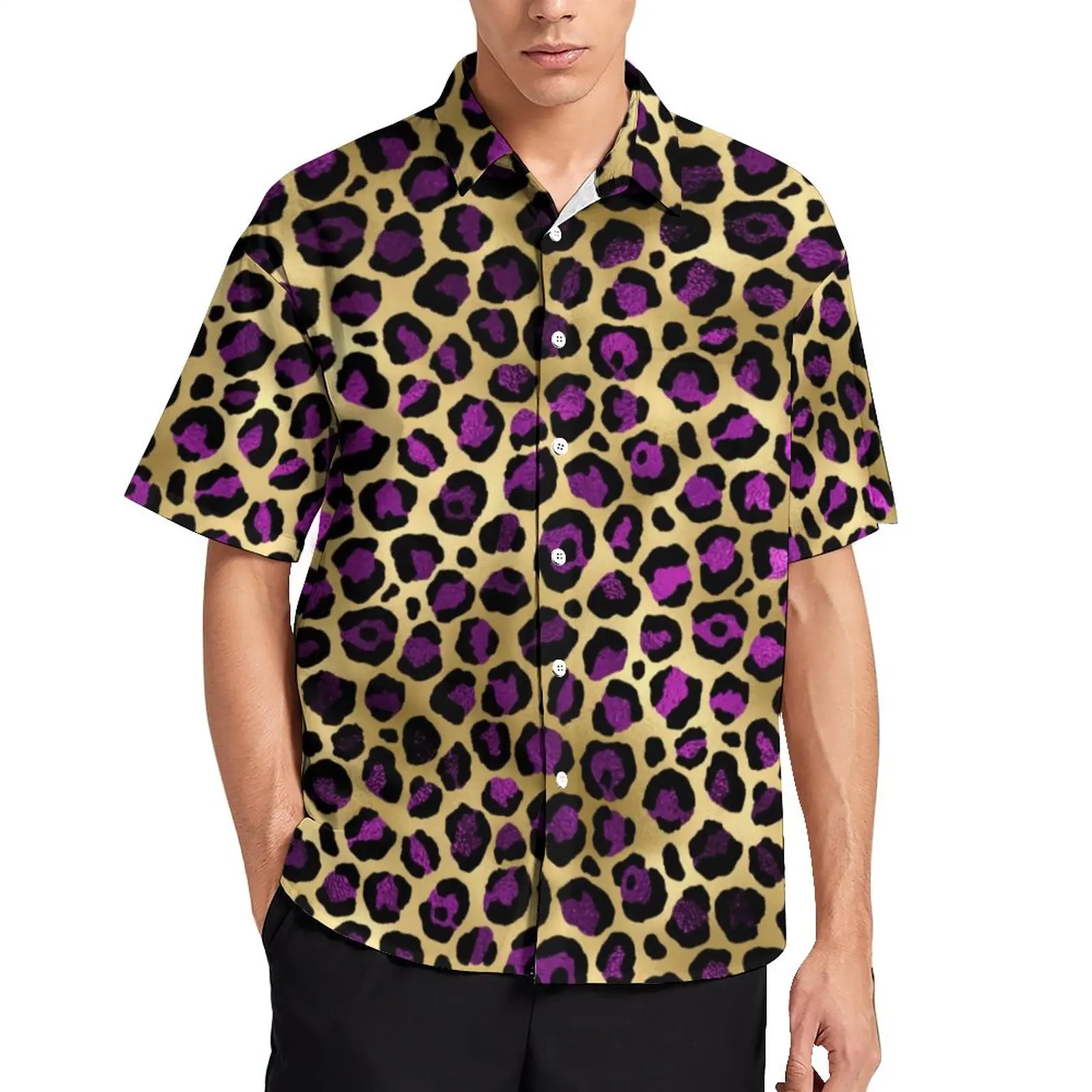 

Leopard Print Casual Shirt Purple and Gold Beach Loose Shirt Summer Vintage Blouses Short Sleeve Custom Oversized Tops