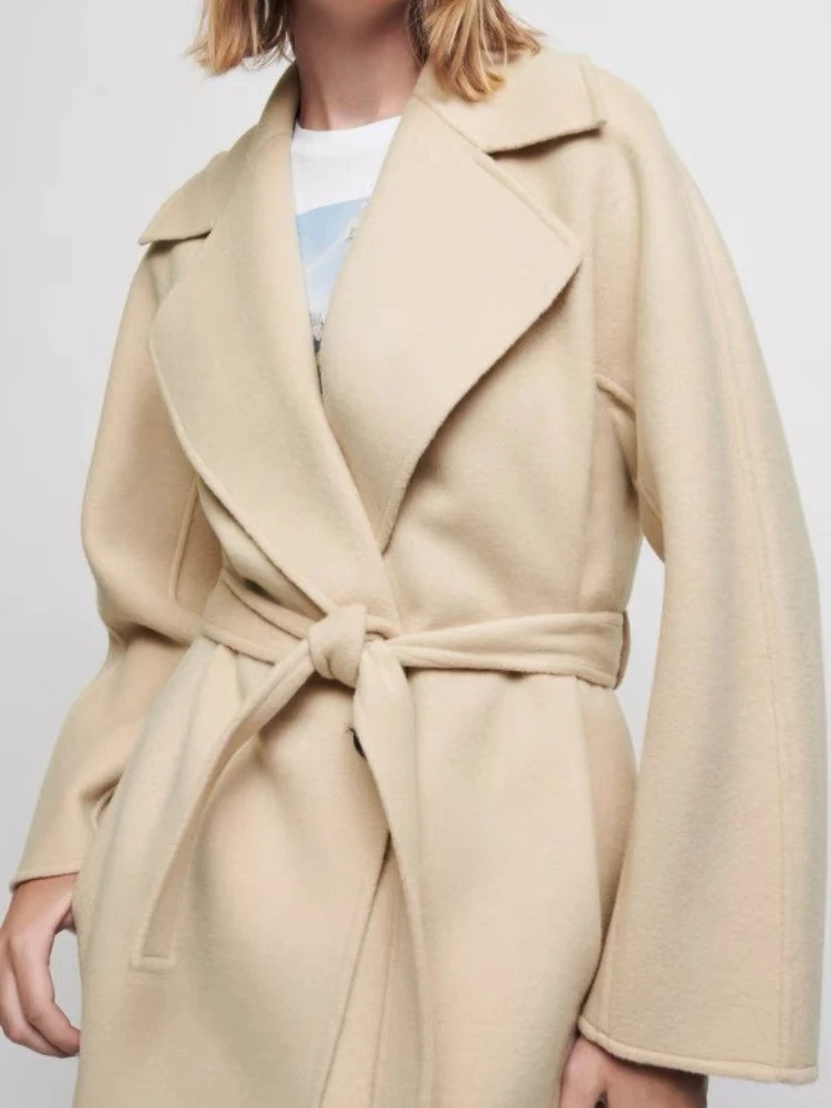

Women Woolen Trench Wool Blend Coat Autumn and Winter New Maj Solid Color Button Belt Tie Straight Type Women Casual Long Coat