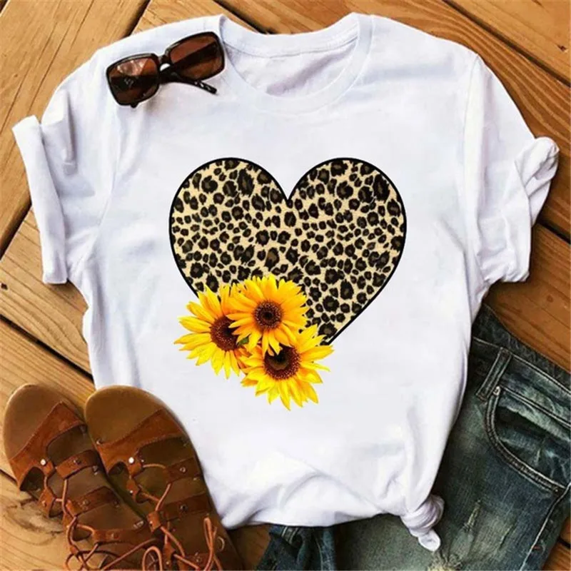 

Women Graphic Leopard Sunflower Floral Cute Summer T-Shirts 90s Casual Aesthetic Print Female Clothes Tops Tees Ladies T-Shirt