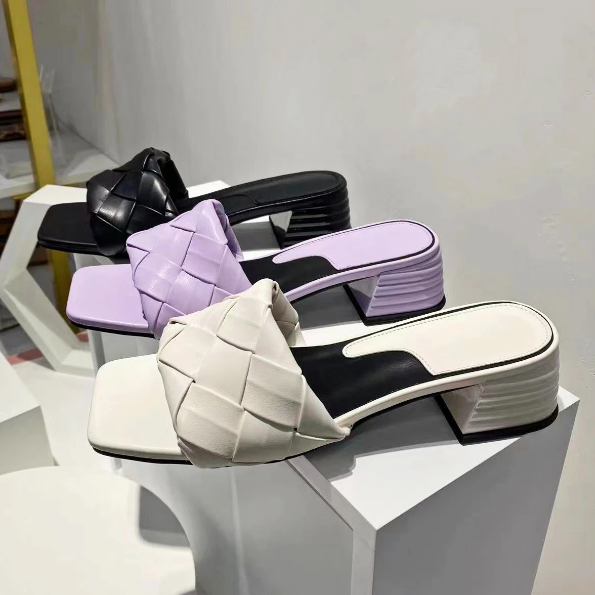 

Braided Square Toe High Heeled Women's Sandals Brand Summer Women Shoes Slide Flip Flops Fashions Open Toe Purple Slippers Women