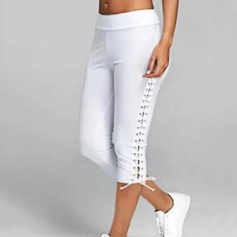 

Pants Women Drawstring High Waist Trousers Bandage Leggings Skinny Cropped Capri Cap