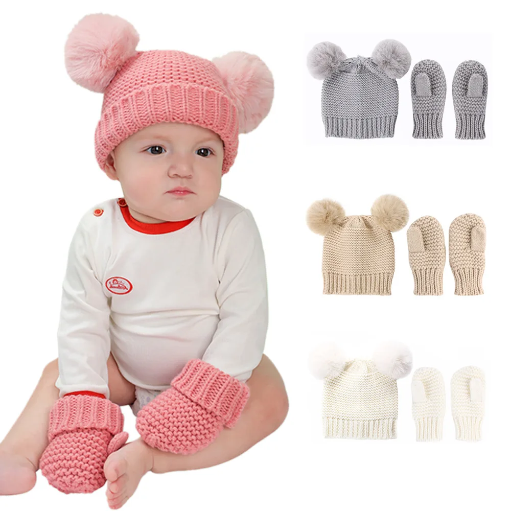 

2PC Baby Hat Gloves Set Wool Knitted Autumn Winter Set For Girls Boys Cute Warm Toddler Beanie Kids Mittens Bonnet Bebe 0-3Years