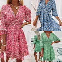 new womens summer 2022 casual dress floral v neck flare half sleeve printed skirt woman dress