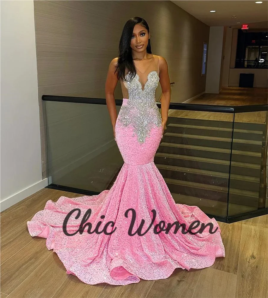 

Beautiful Pink Sequin Black Girls Prom Dress Plus Size Mermaid Sparkle Crystal Beaded Eveniing Gowns Fishtail Formal Party Dress