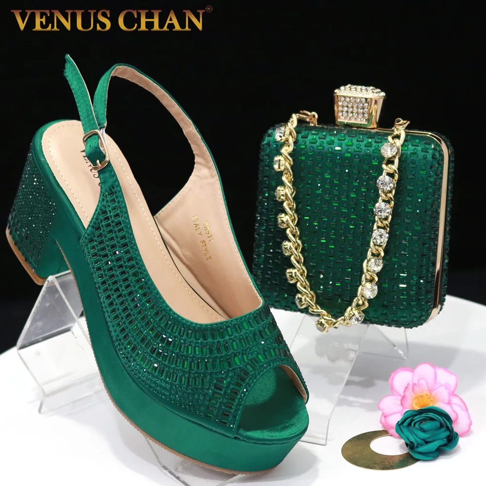 

Venus Chan Latest Summer Women's Platform High Heels Green Color Full Drill Design Shoe and Bag Set for Party In Women Nigerian
