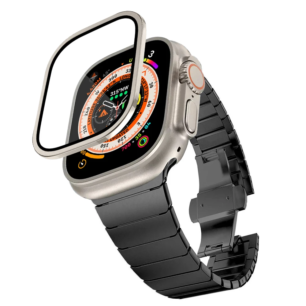 

Link Bracelet + Tempered Glass Screen Protector Bumper for Apple Watch 49mm Band Stainless Steel Correa iWatch Ultra 49mm Strap