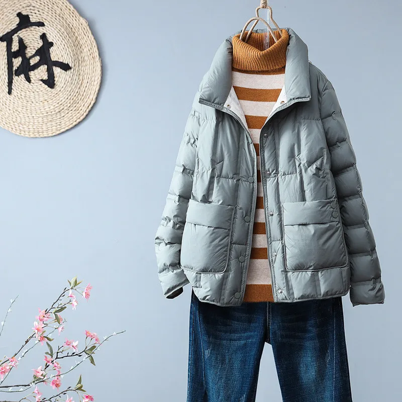 

Ailegogo Stand Collar Women Ultra Light White Duck Down Short Coat Autumn Winter Female Pocket Down Jackets Lady Snow Outwear