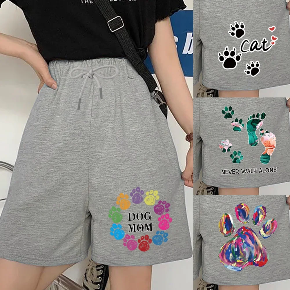 

2022 New Summer Shorts Women Casual Elastic Waist Women Shorts Footprints Print Beach Straight Shorts Fashion Trend Streetwear