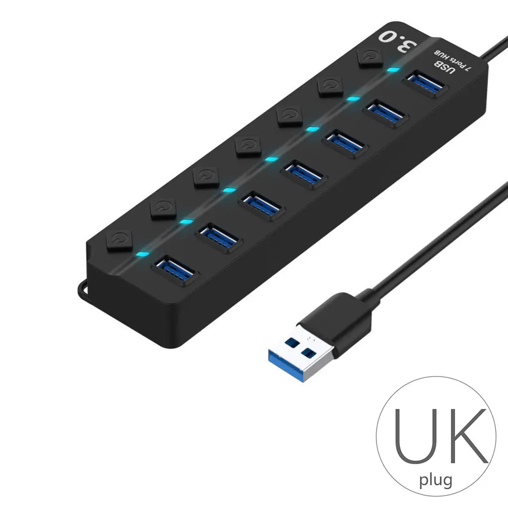 

Высокоскоростной Внешний USB-разветвитель на 7 портов USB 3,0, переключатель включения/выключения с адаптером питания EU/US/UK для MacBook, ноутбуков и ...