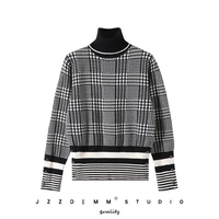 tb french retro houndstooth jacquard knitted bottoming shirt womens autumn and winter striped slim pullover top