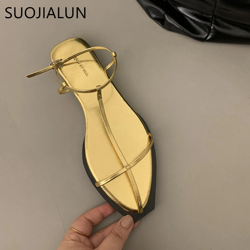 SUOJIALUN 2023 Summer New Women Sandal Fashion Gold Narrow Band Ladies Dress Slides Flat Heel Outdoor Dress Sandal Slipper Shoes