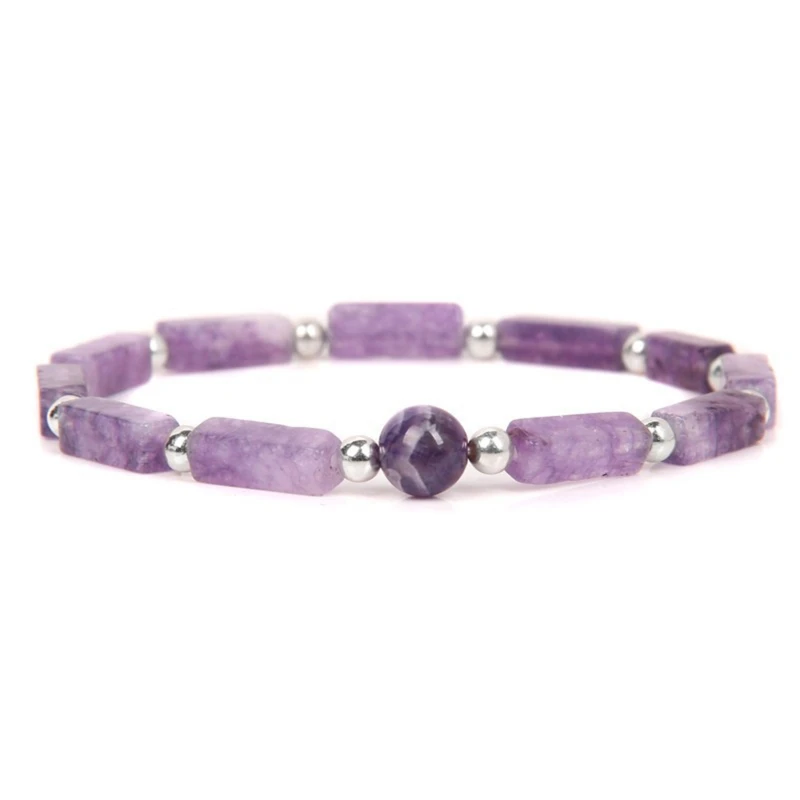 

Silver Color Beads Charm Bracelets Natural Amethyst Rectangle Stone Bracelet Women Prayer Meditation Jewelry Stretch браслет