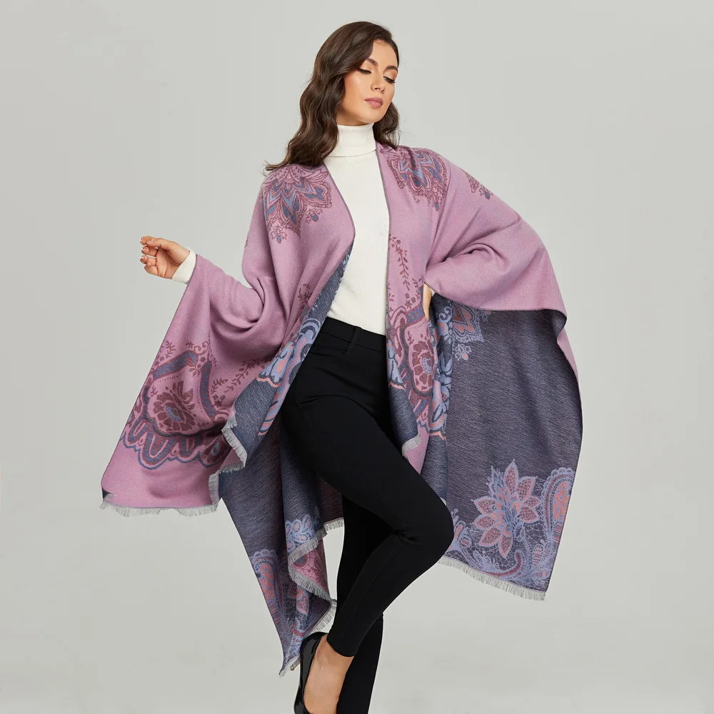 

Women's Winter Reversible Oversized Blanket Wrap Cape Print Open Front Poncho Shawl Cardigans Cloak Coat