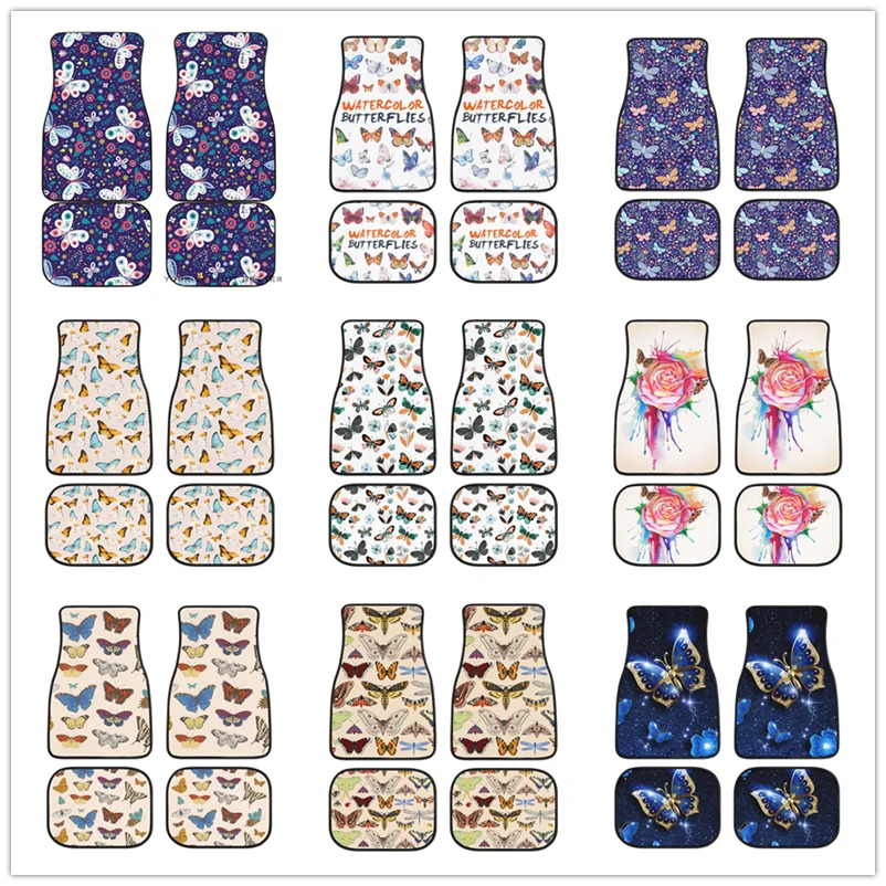 

Colorful Butterfly Flower Pattern 4 Pieces Car Floor Mats,Front and Rear Floor Mat Full Set Auto Carpets Universal Fit