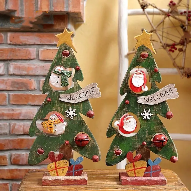 

Christmas decorations wooden Christmas tree decorations old man Snowman bell retro home decorations scene layout