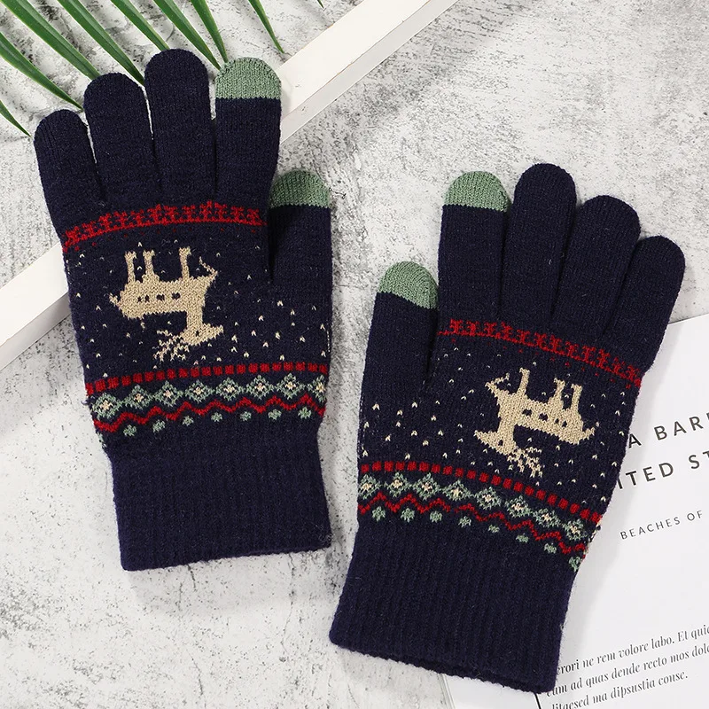 

Men Mittens Mobile Phone Christmas Gifts 2022 Winter Warm Gloves for Women Wool Deer Vintage Printed Knitted Touchscreen Gloves