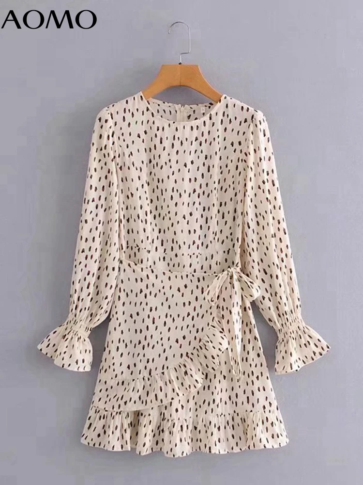 

AOMO 2022 Fashion Women Leopard Print Ruffles Short Dress with Slash Long Sleeve French Style Ladies Vintage Dress 5D57A