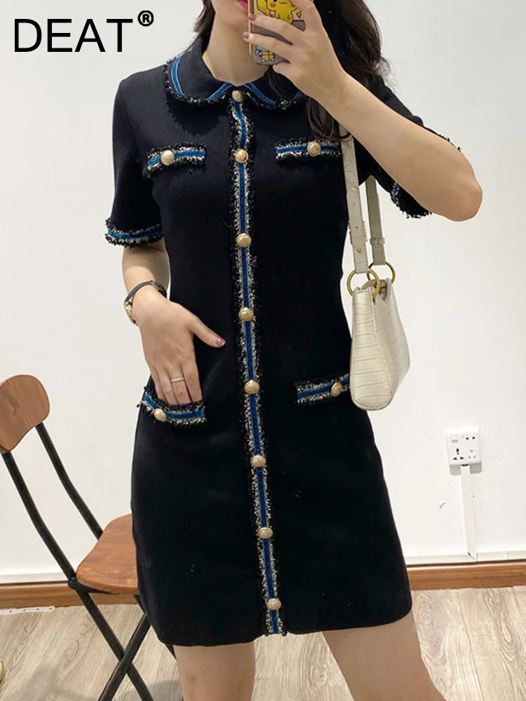 

Женское шерстяное платье на пуговицах DEAT, платье с отложным воротником и коротким рукавом, весна-зима 2021