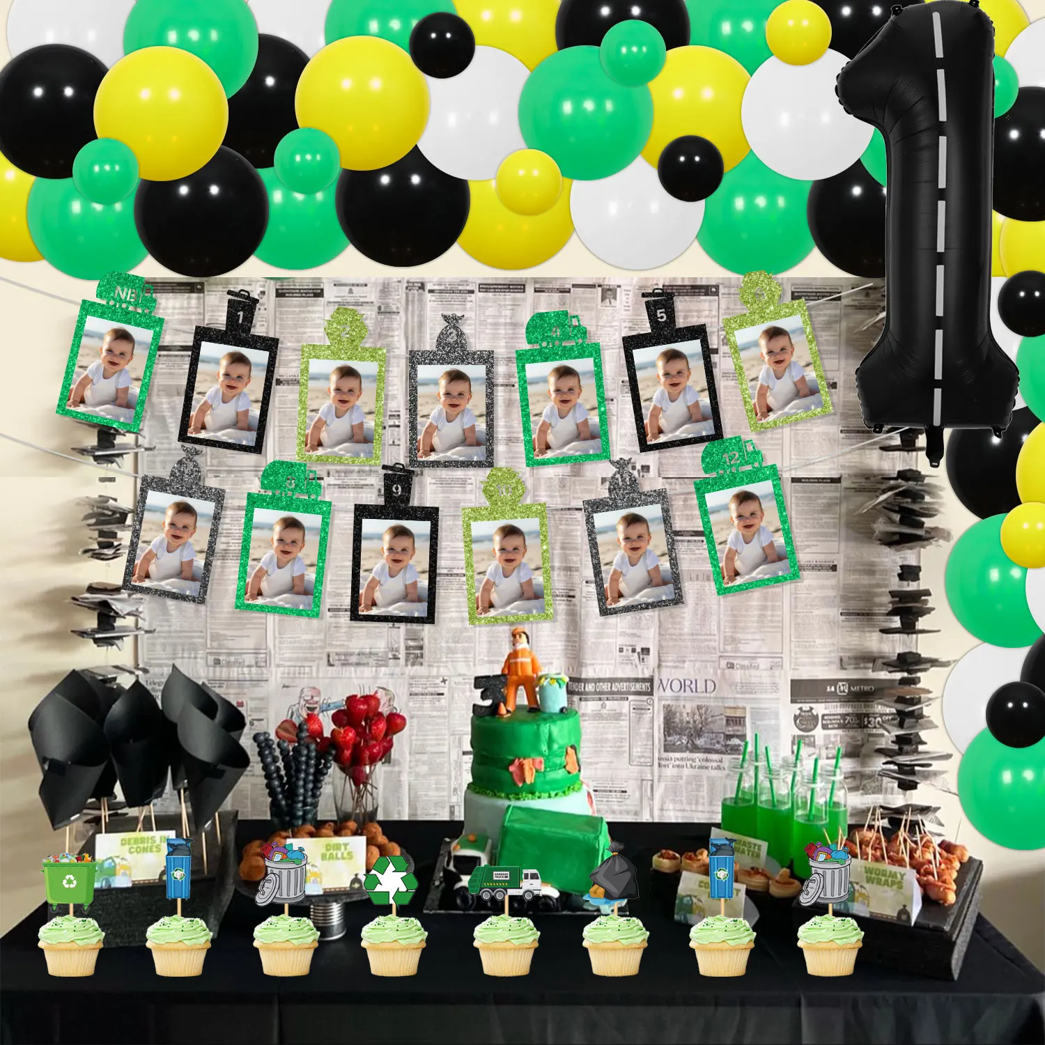 Мусоровоз тема 1-й День Рождения Декор сладкий один баннер торт Топпер гирлянда