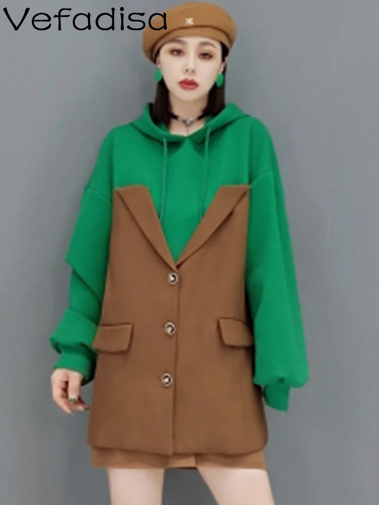 

Vefadisa New Women Loose Casual Pullover Hooded Sweatshirt Green 2023 Autumn Trend Stitching Fake Two-piece Sweatshirt TT594