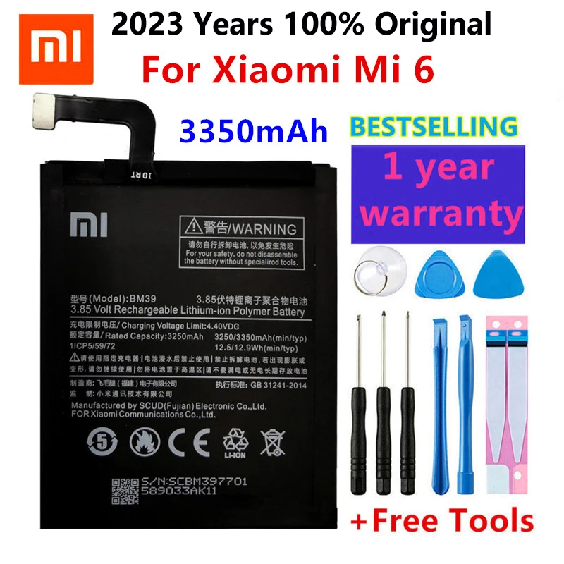 

2023 Years New 100% Orginal Xiao mi BM39 3350mAh Battery For Xiaomi 6 Mi6 M6 High Quality Phone Replacement Batteries Free Tools