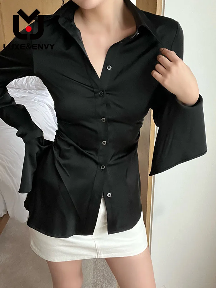 

Женская приталенная рубашка люкс & ENVY, модная черная рубашка с расклешенными рукавами и поясом, Длина топа, осень 2023