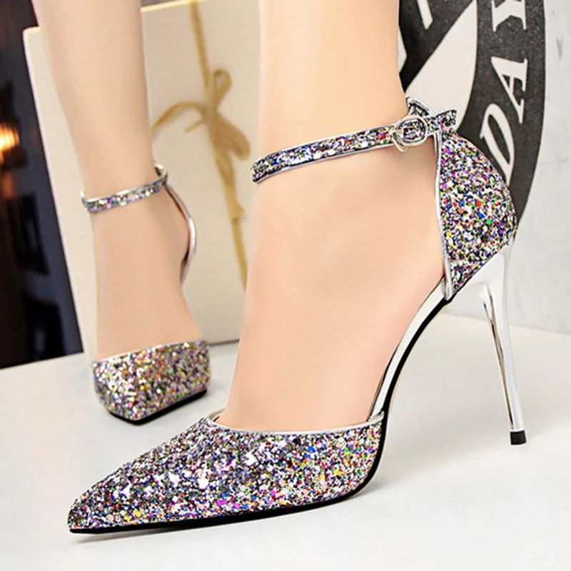 

Женские босоножки BIGTREE с блестками, выразительные туфли на высоком каблуке, с кристаллами, ремешком на щиколотке, лето