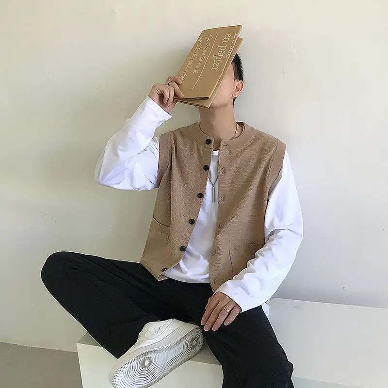 Сплошной цвет мужской вязаный жилет кардиган свитера с круглым вырезом мужская