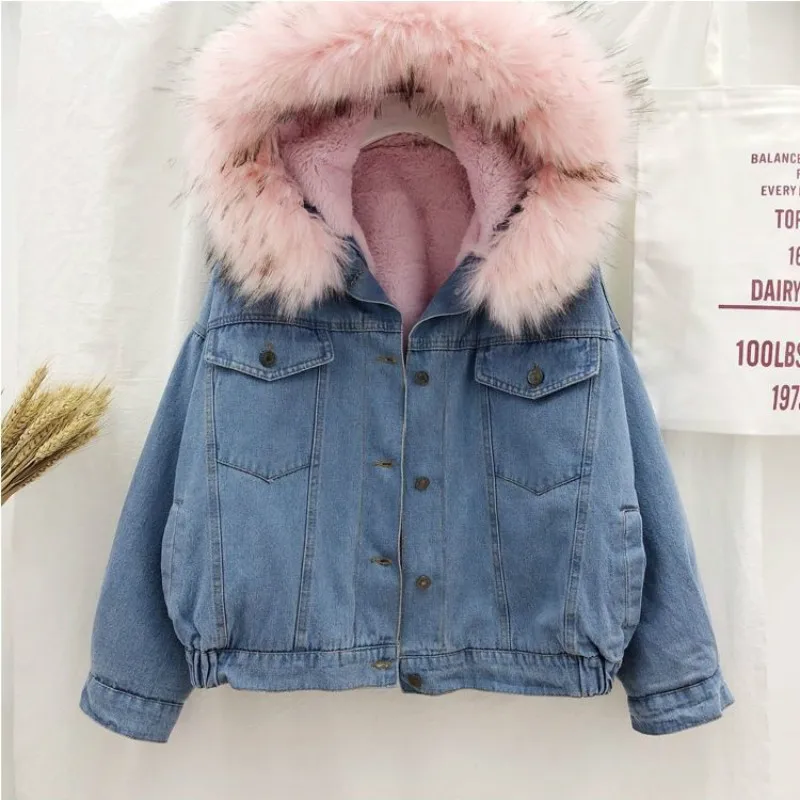 2 Colors Denim Jacket New Women Winter Hooded Faux Fur Collar Warm Jean Jacket Female Bomber Coats Student Basic Short Parkas
