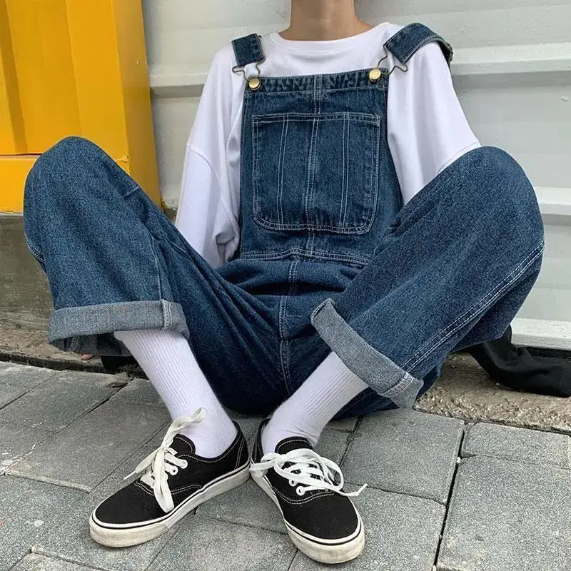 

5XL Large Size Jumpsuit 2023 Women's Jeans Rompers Retro Big Pocket Loose Denim Overalls Korean Shoulder Strap Wide-leg Overalls