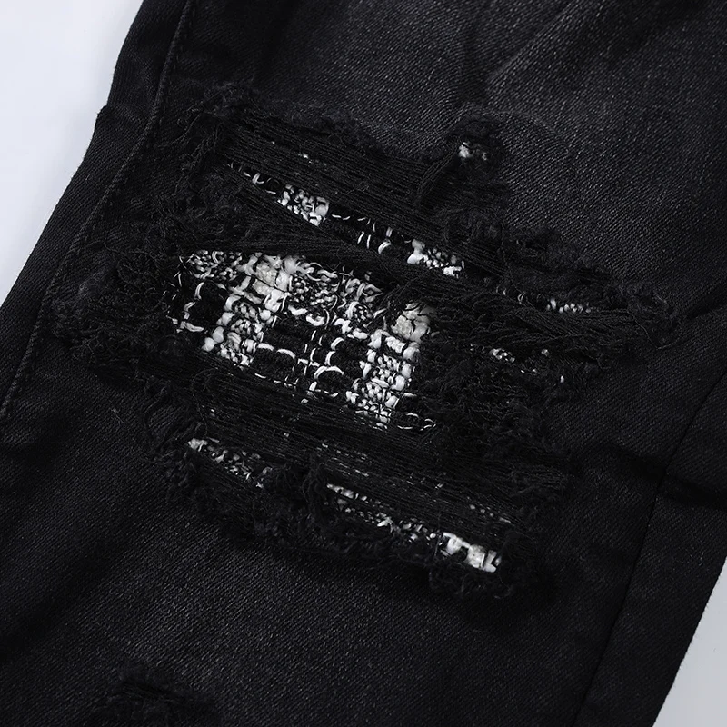 Street Fashion Men Jeans Retro Black Gray Stretch Skinny Ripped Jeans Men Buttons Fly Plaid Patched Designer Hip Hop Brand Pants