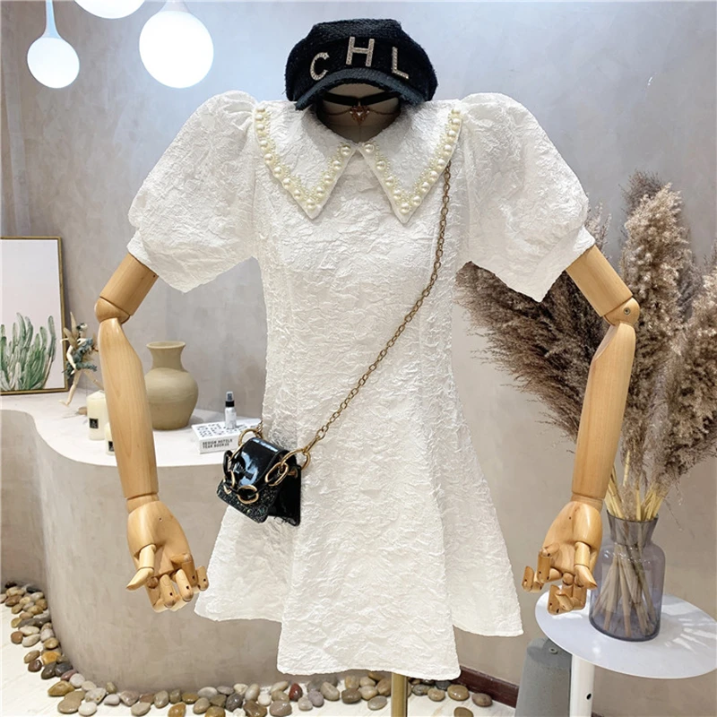 

Niche Design New Women's Clothes 2021 Autumn Winter Retro Temperament Pearl Doll Collar Puff Short Sleeve Dress Vestidos