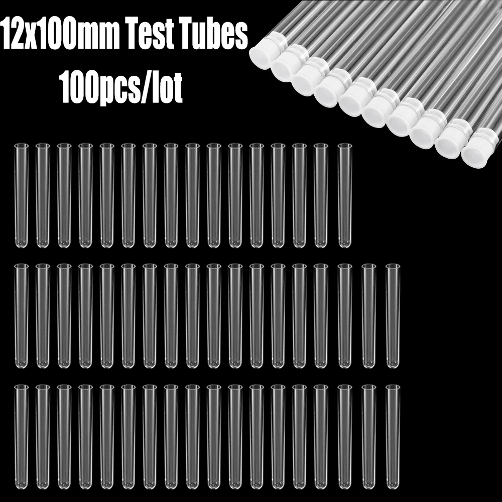 

100Pcs Clear Plastic Test Tube With Cap 12x100mm U-shaped Bottom Long Transparent Test Tube Lab Supplies