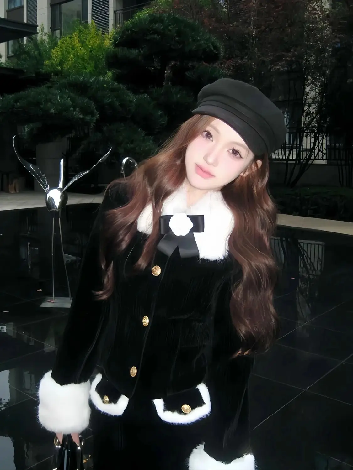 Лоскутное платье с меховым воротником зимнее Новое утепленное повседневное