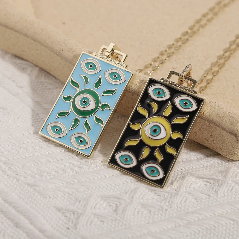 

Luckey Turkish Evil Eye Necklace for Women Men Charm Enamel Sun Necklace Square Pendant Blue Evil Eye Necklace Jewelry Gifts