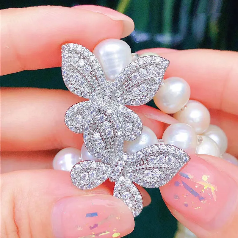 35mm X 21mm Double Butterfly Front Buckle Clip Clasp Platinum Plated And Copper Zirconia Inlay For Chain Necktie Necklace DIY