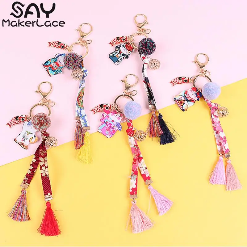 Милый керамический брелок для ключей с японской кошкой и колокольчиком - купить